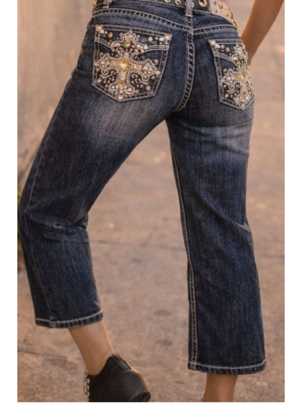 Y2K Embellished Rhinestone Cross Jeans Women Size 11 Bootcut Capri Denim McBling